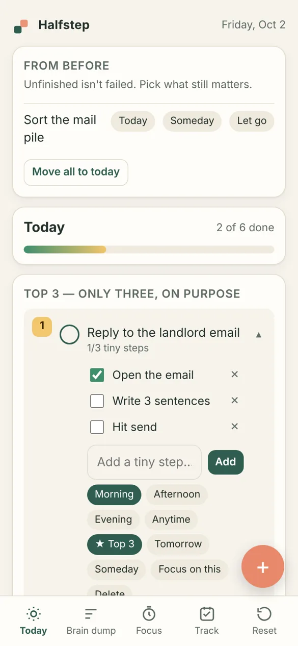 A task broken into three tiny steps in the Halfstep app